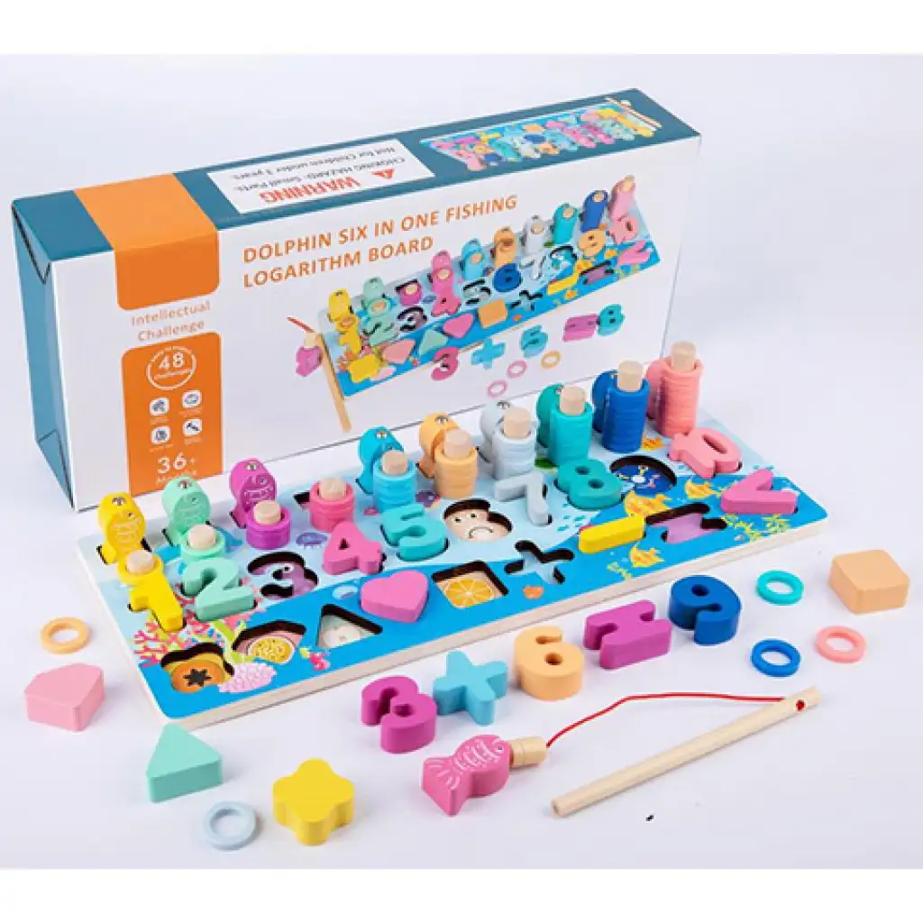 6-in-1 buntes Holzfähigkeiten-Entwicklungsspiel mit Zahlen und Formen Bild 1