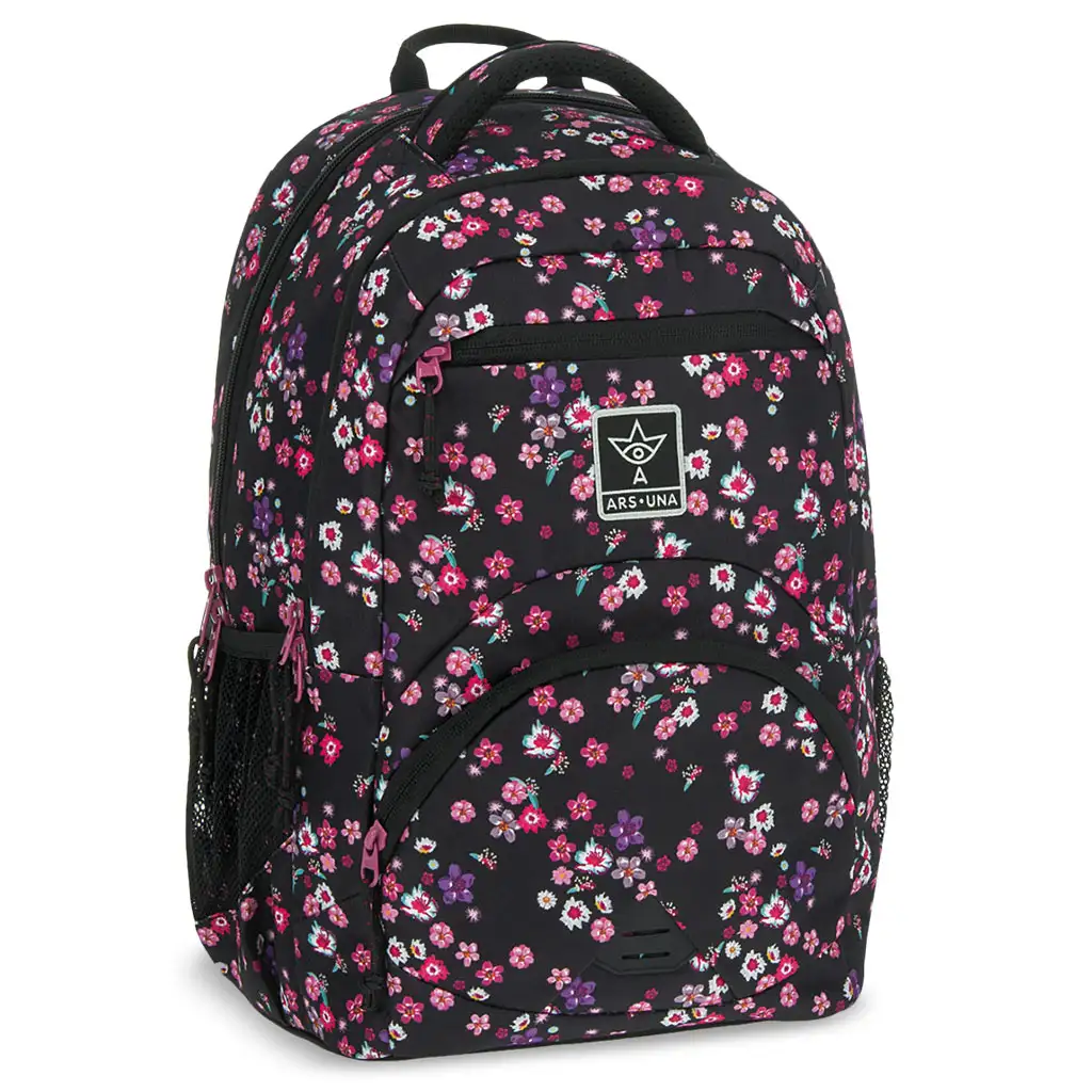 Ars Una: Pearl Blossom Black blumiger ergonomischer Schulranzen, Rucksack 33x45x24cm Bild 1