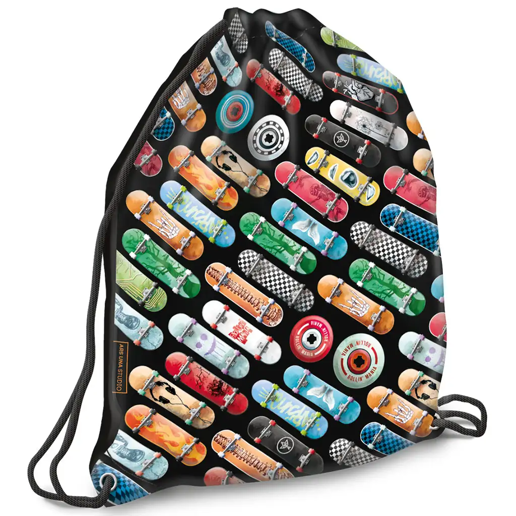 Ars Una: Rollin Mania Skateboard-Muster schwarzer Turnbeutel, Sportbeutel 32x42cm Bild 1