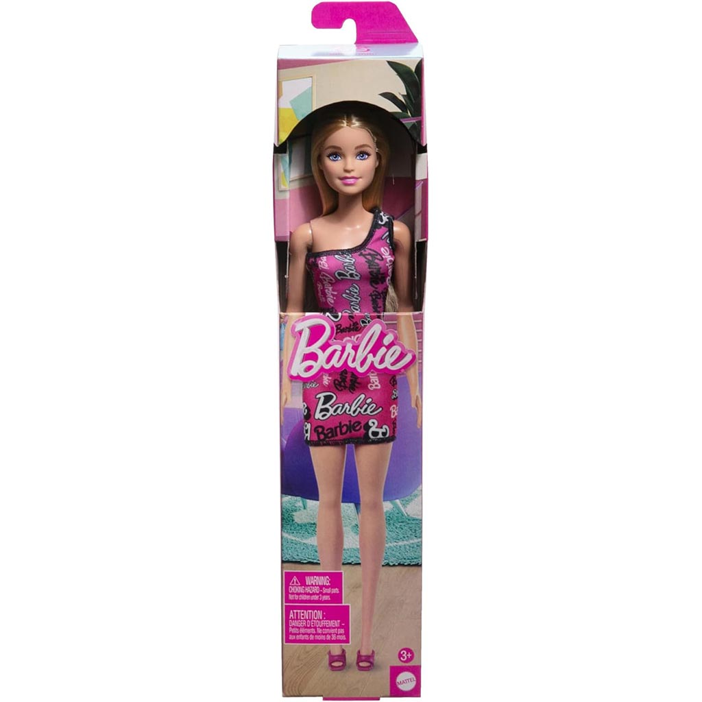 Barbie Chic blonde Modepuppe in einem rosa, mit Barbie beschrifteten Kleid - Mattel Bild 1