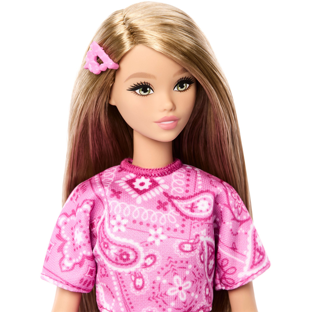 Barbie: Fashionista Freundinnen stilvolle Modepuppe in rosa Tuchmusterkleid - Mattel Bild 3