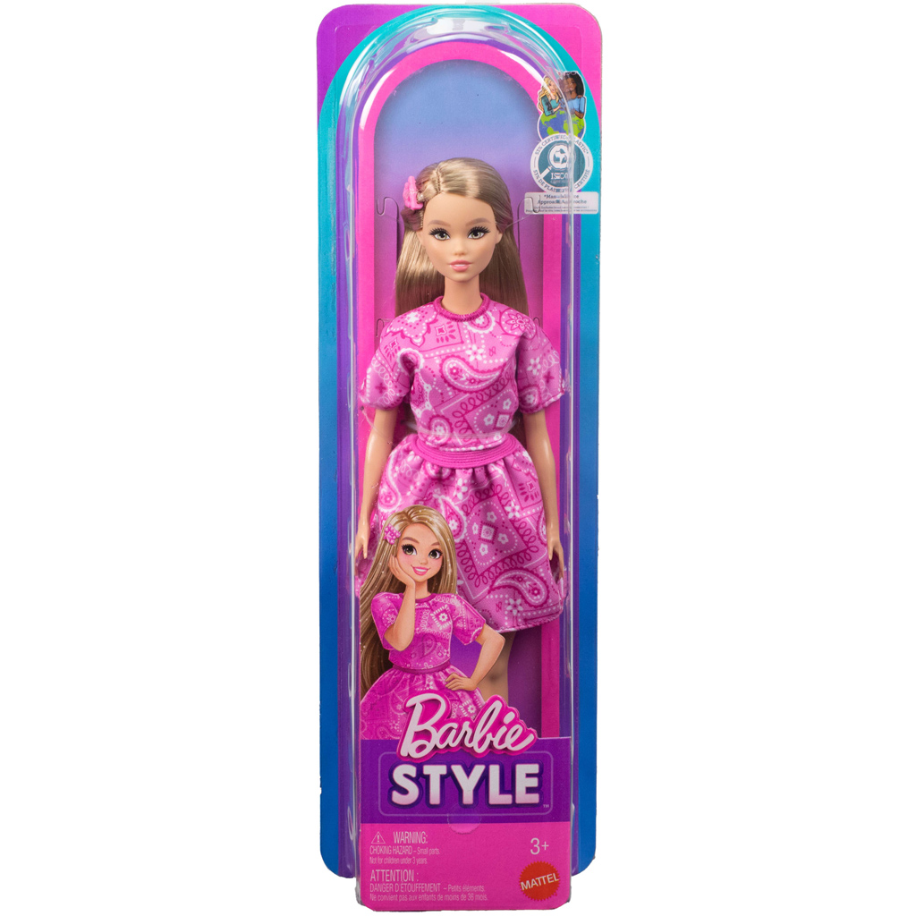 Barbie: Fashionista Freundinnen stilvolle Modepuppe in rosa Tuchmusterkleid - Mattel Bild 1
