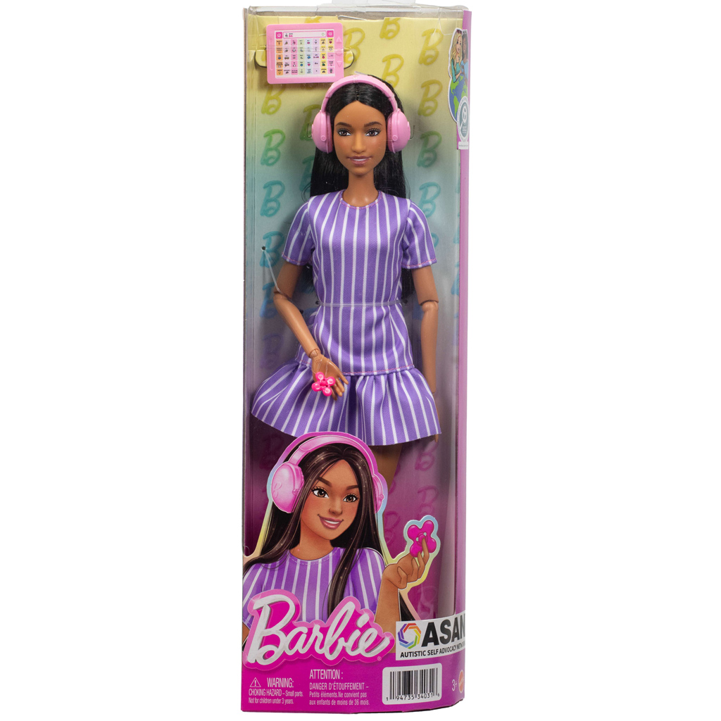 Barbie: Fashionista Freundinnen stilvolle Modepuppe mit Kopfhörern in lila Kleid – Mattel Bild 1