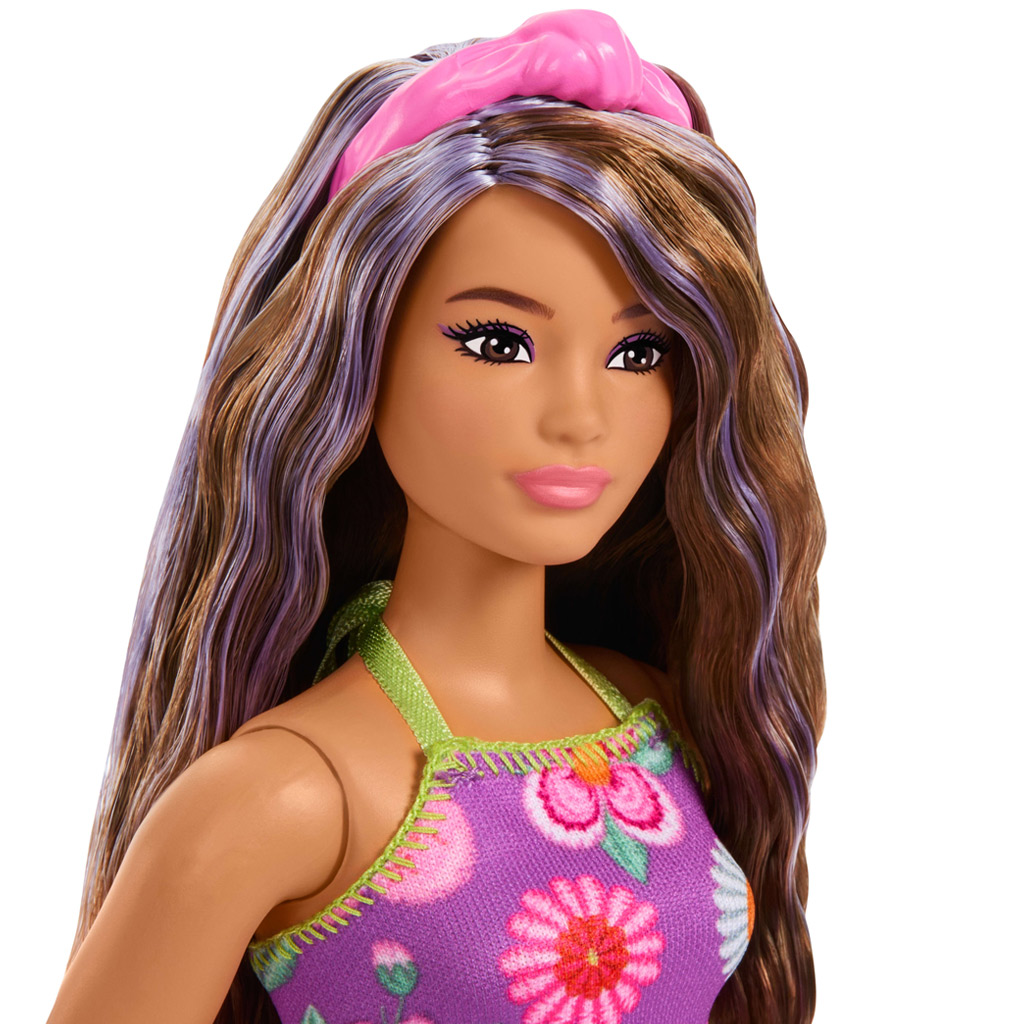 Barbie: Fashionista Freundinnen mit blumigem Kleid und lila Strähnen – Mattel Bild 3