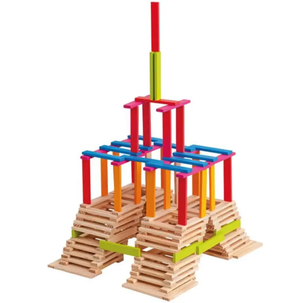 Bunte und natürliche Holzstangen Baukasten 200-teilig - Woodyland Bild 1