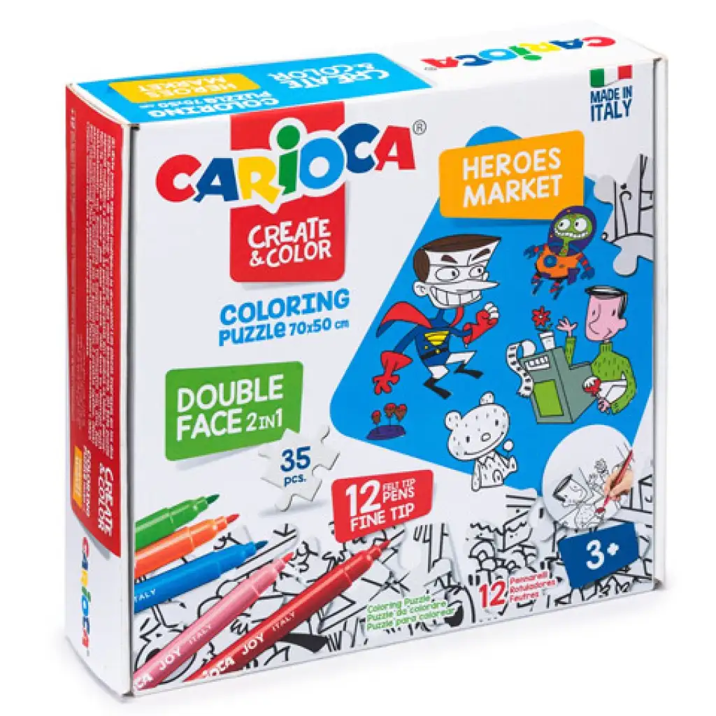 Helden beidseitig färbbares Puzzle mit 12 Filzstiften - Carioca Bild 1