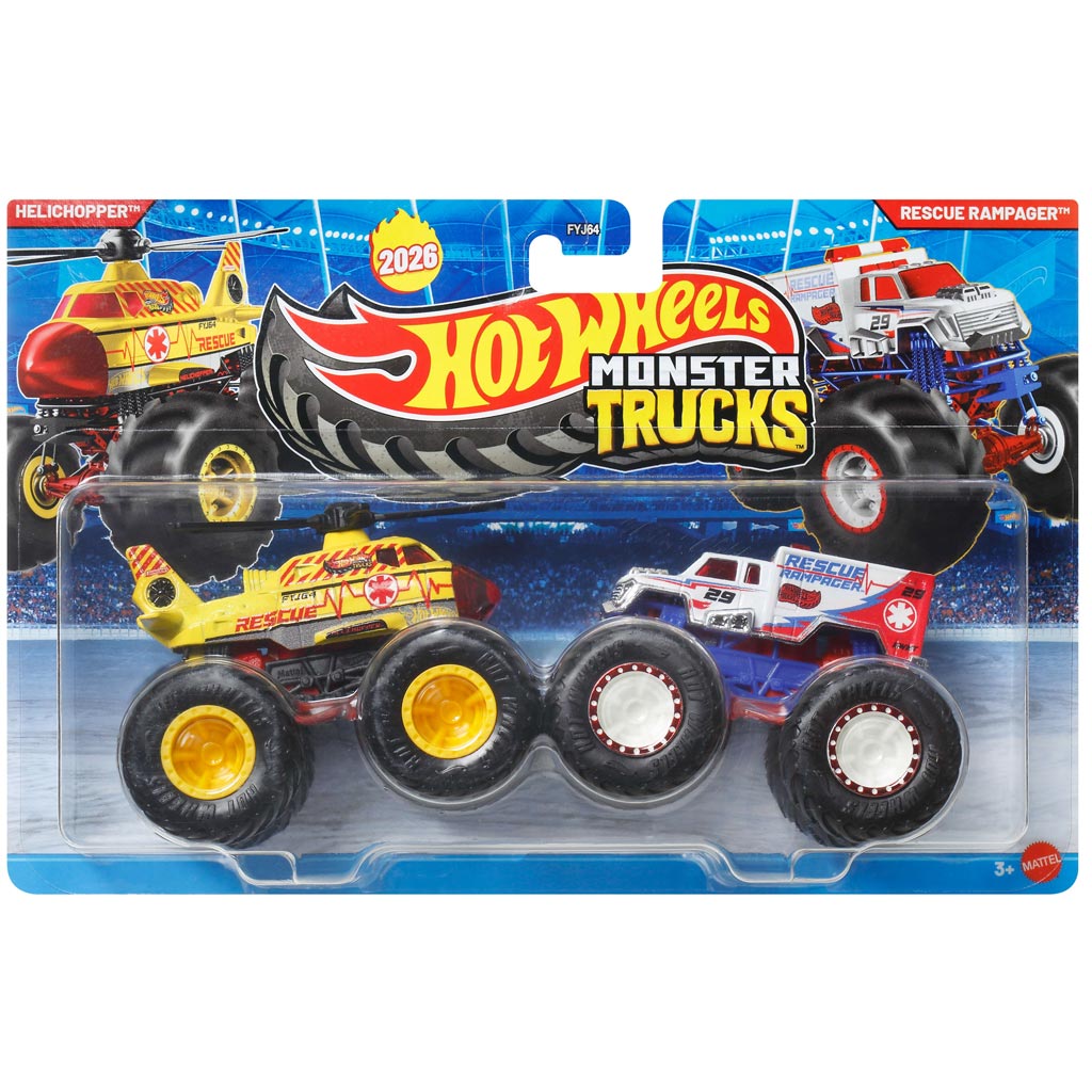 Hot Wheels Monster Trucks: Helichopper gegen Rescue Rampager Spielzeugauto 2er-Pack 1/64 - Mattel Bild 1