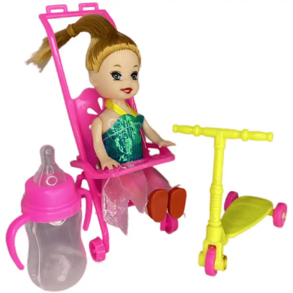 Katie: Sandra Puppe mit rosa Kinderwagen, Roller und Fläschchen 10cm Bild 1