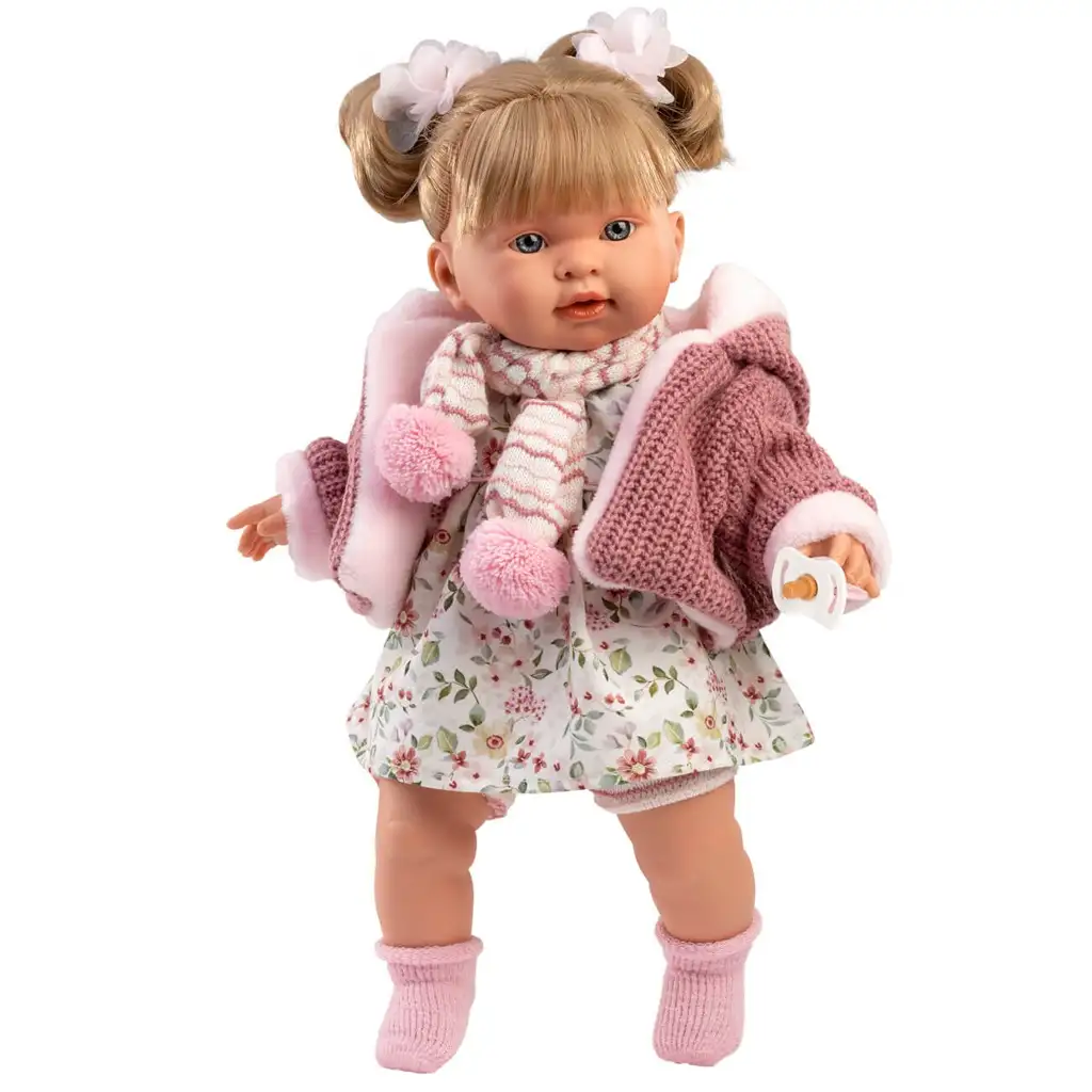 Llorens: Alexandra 42 cm große weinende Puppe mit Schnuller in rosa Strickjacke und geblümtem Rock Bild 1