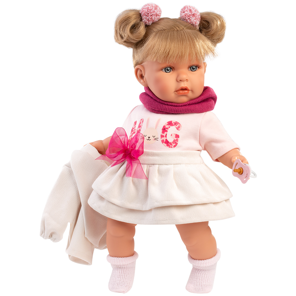 Llorens: Júlia, 42 cm große weinende Puppe mit Schnuller in einem Rock mit Schleife. Bild 1