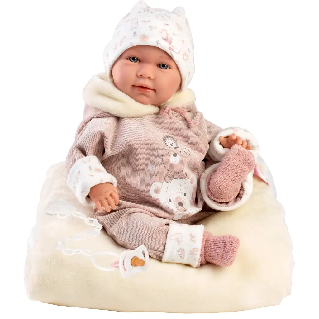 Llorens: Lala 42 cm große Puppe mit Geräuschen in Bärenkleidung, mit Bettchen Bild 2