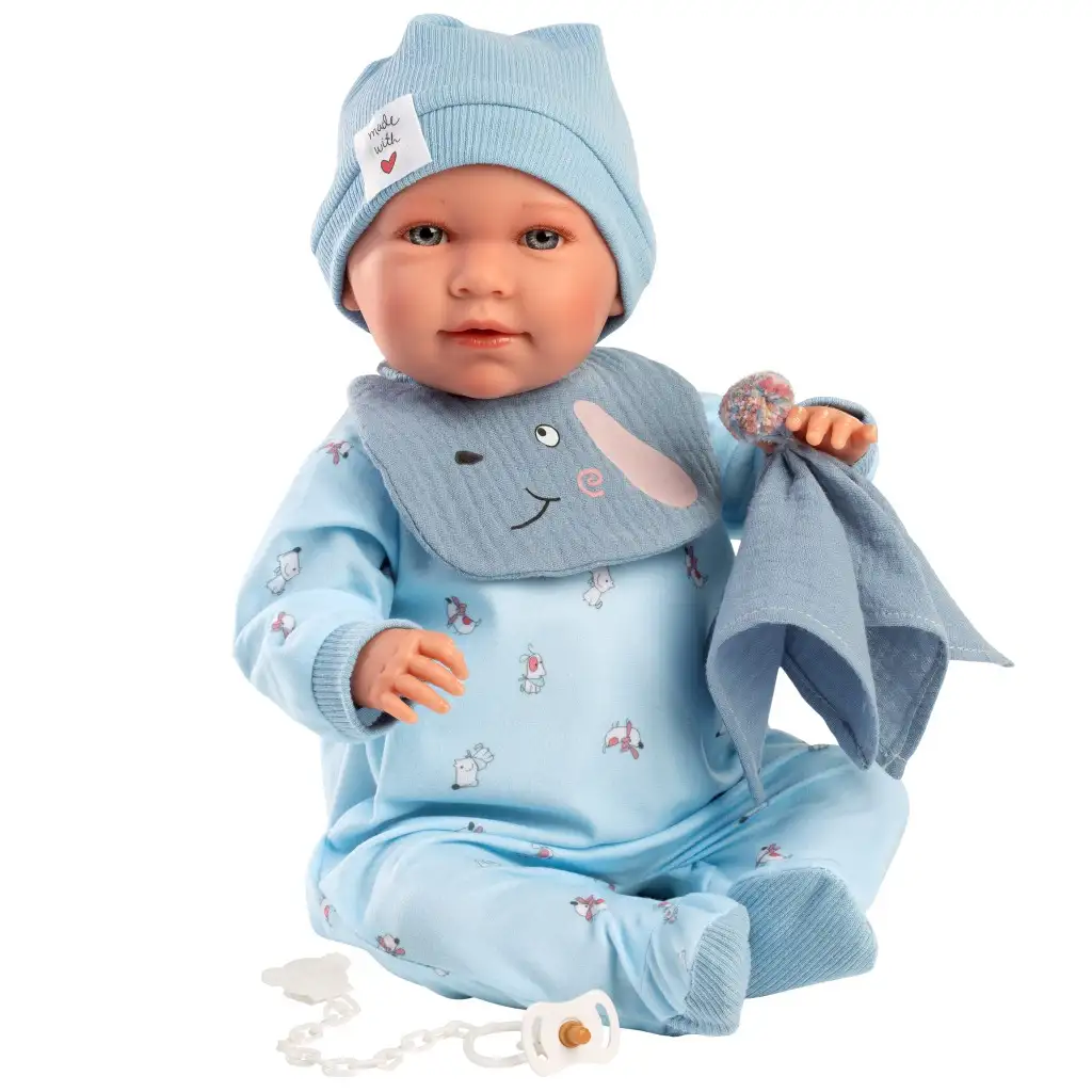 Llorens: Mimo Llorón 42 cm große Puppe mit Geräusch und Lätzchen mit Hundemotiv Bild 2