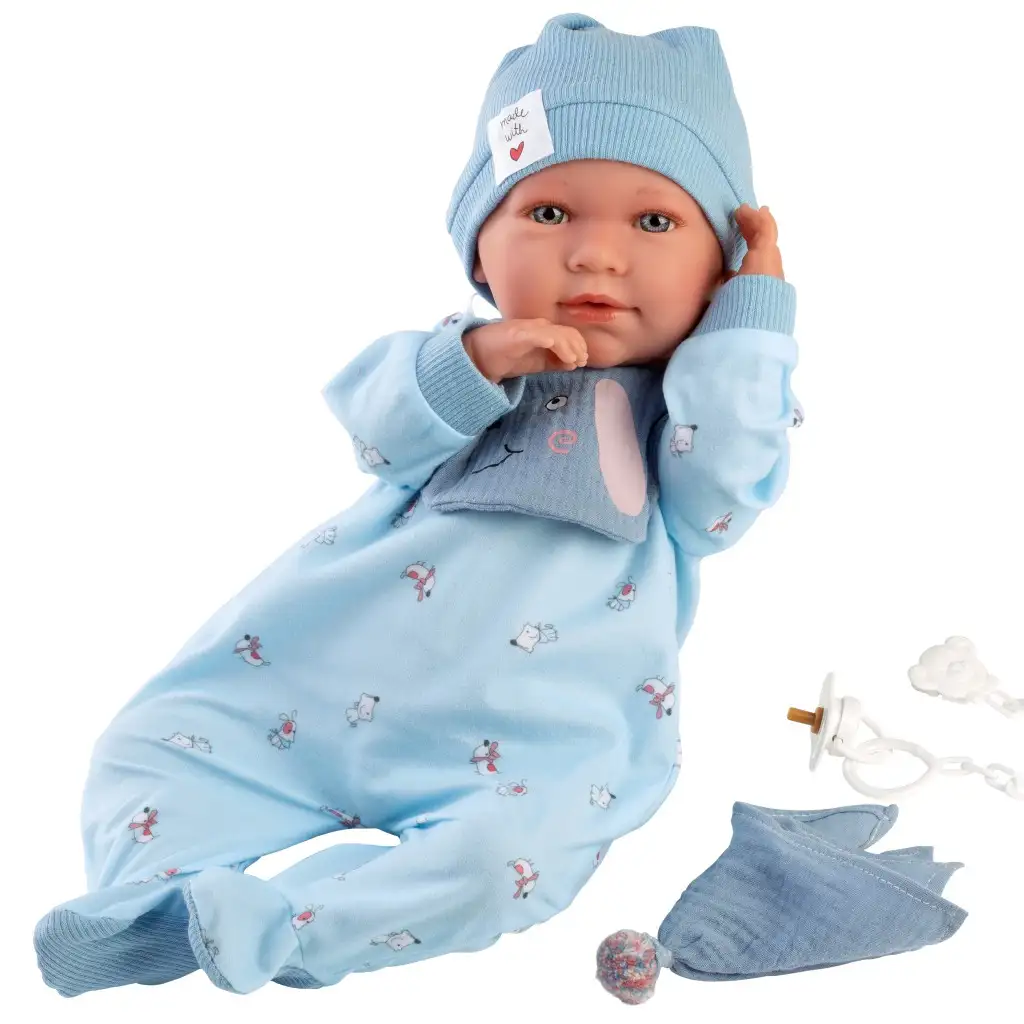 Llorens: Mimo Llorón 42 cm große Puppe mit Geräusch und Lätzchen mit Hundemotiv Bild 3