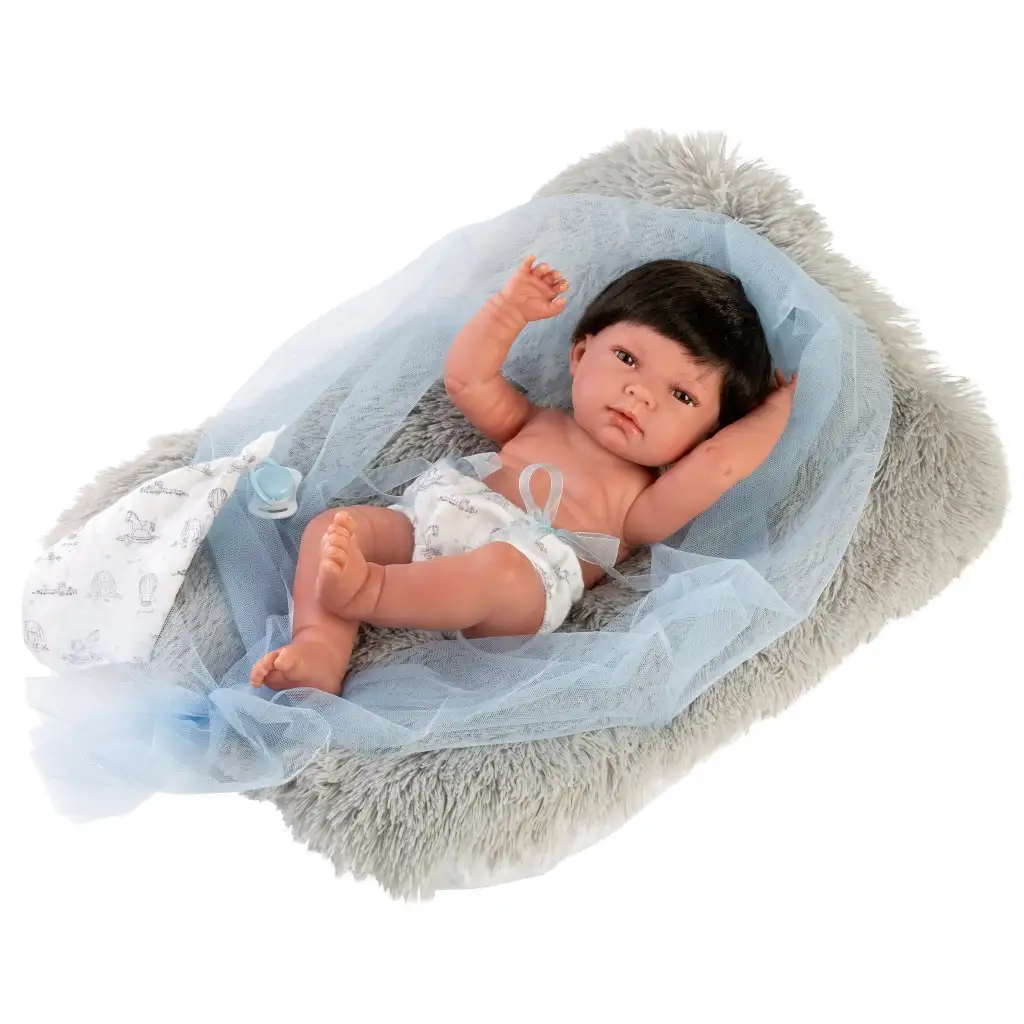 Llorens: Nico 40 cm große Puppe mit grauem Fellkissen Bild 1