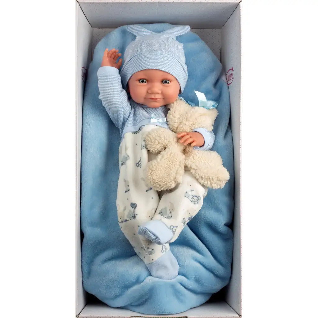 Llorens: Nico 40 cm großes Neugeborenes mit Teddybär und blauem Bettchen Bild 3