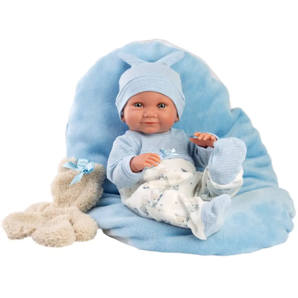 Llorens: Nico 40 cm großes Neugeborenes mit Teddybär und blauem Bettchen Bild 1