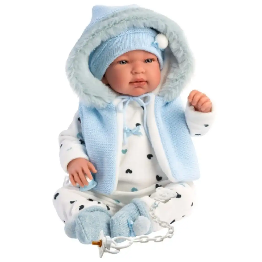Llorens: Tino 44 cm weinende Puppe in blauer Kapuzenweste Bild 5