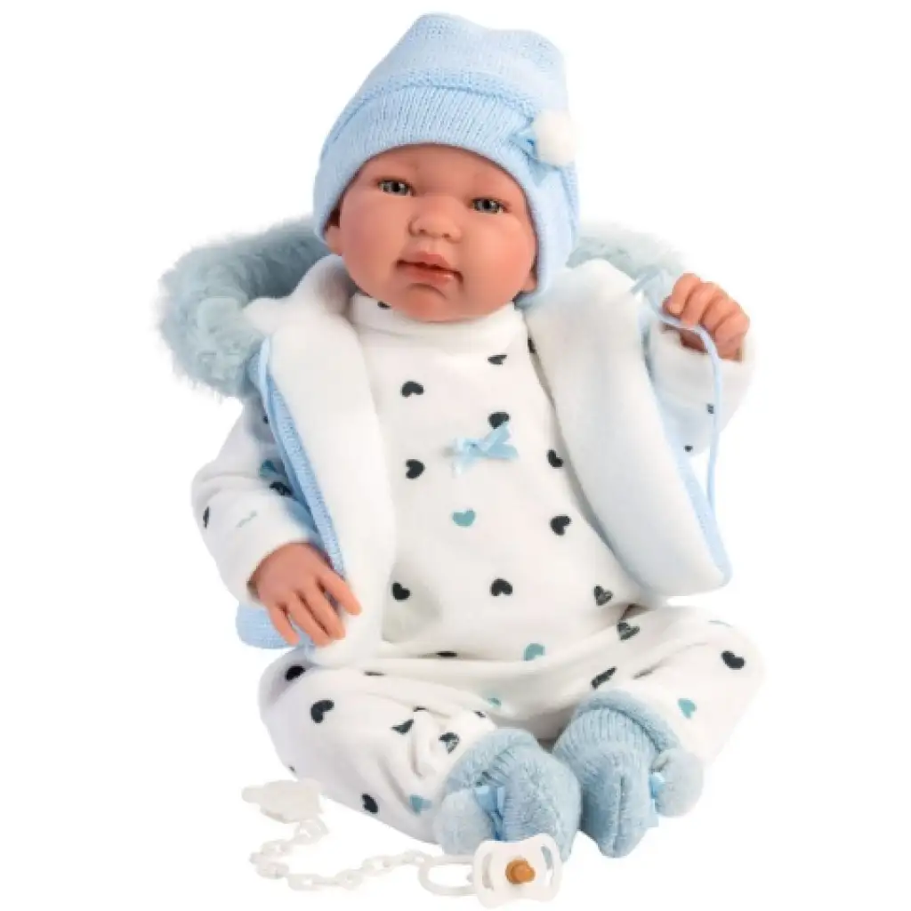 Llorens: Tino 44 cm weinende Puppe in blauer Kapuzenweste Bild 1