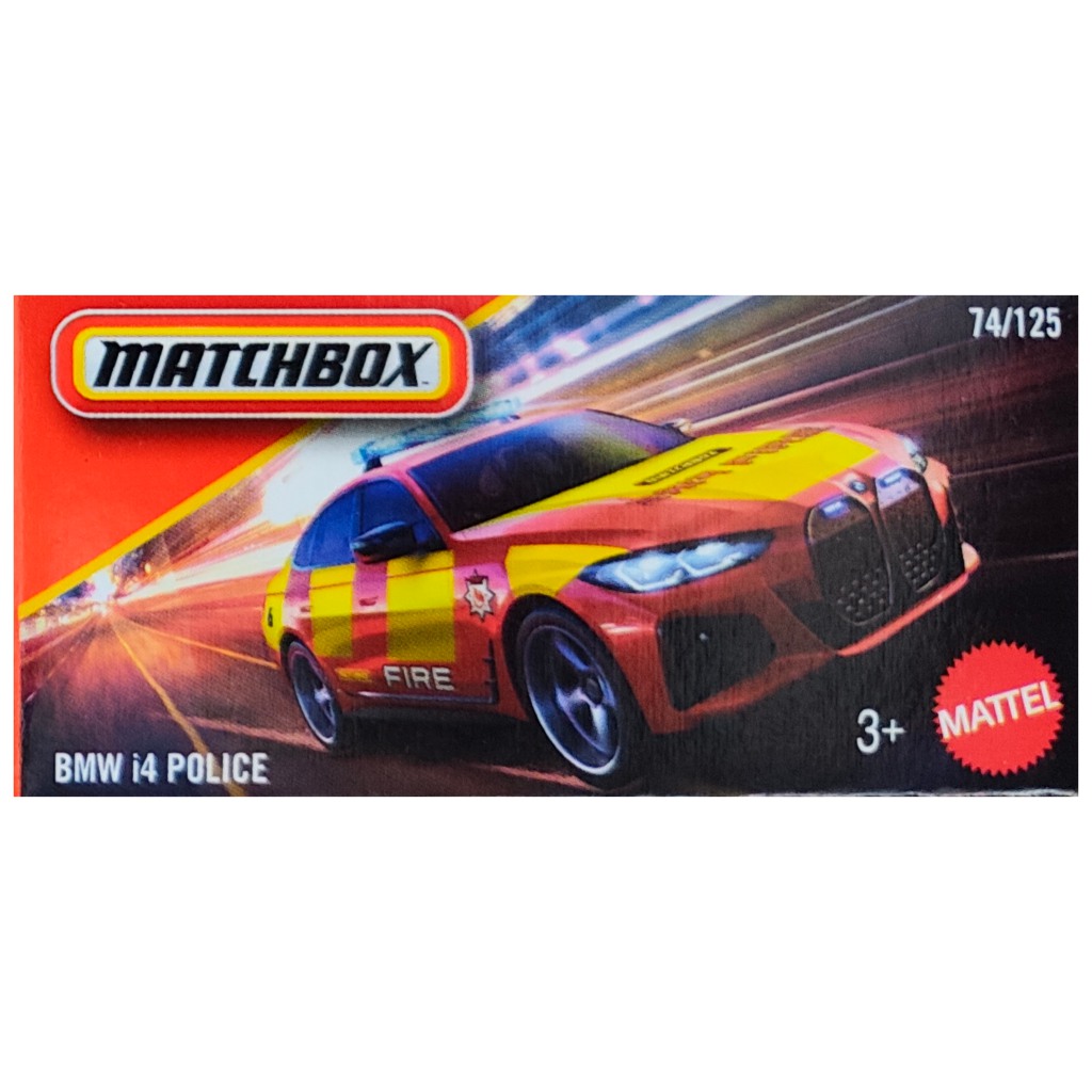 Matchbox: Pappkarton-BMW i4 Polizei-Spielzeugauto 1/64 - Mattel Bild 1