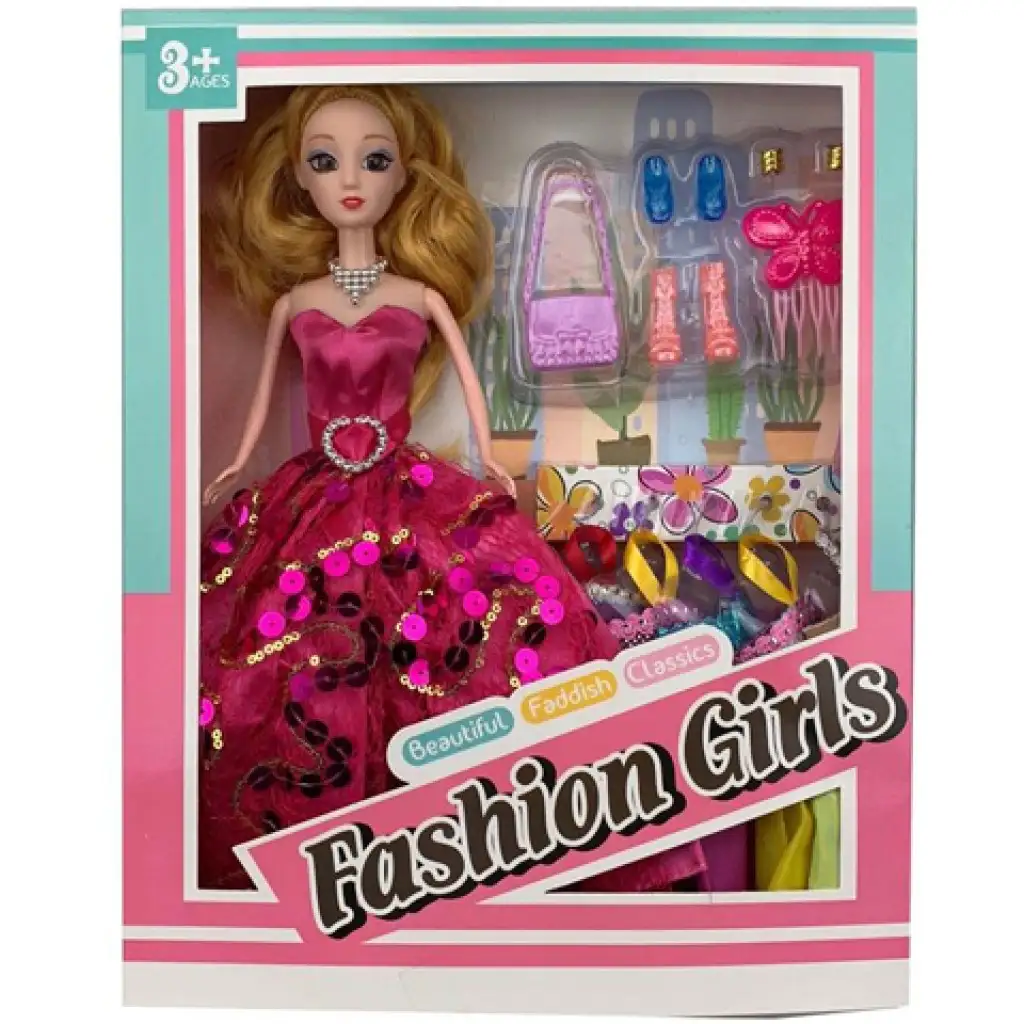 Modepuppe in einem pinkfarbenen Paillettenballkleid mit Accessoires, 28 cm Bild 1