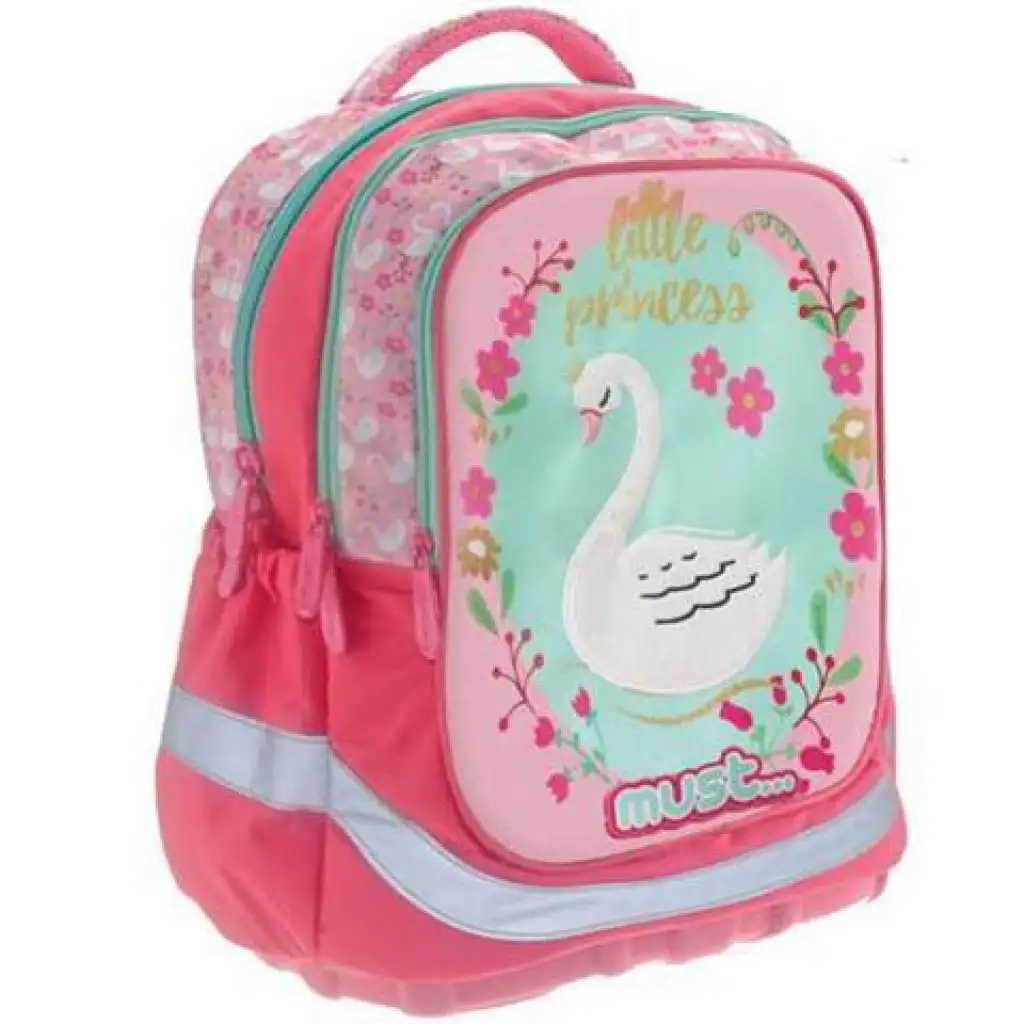 Must: Ergonomischer Schulranzen mit drei Fächern, rosa mit Schwan, Rucksack 30x16x42cm Bild 1