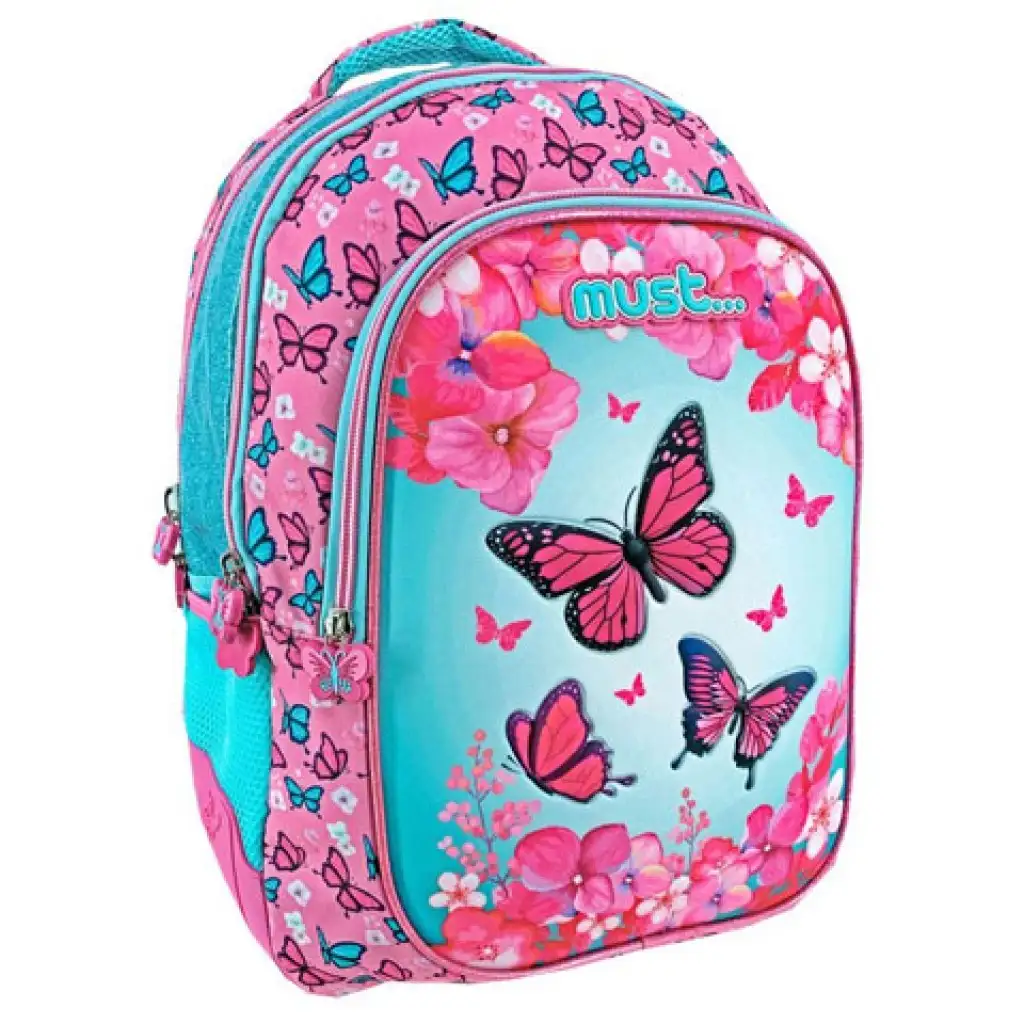Must... Schmetterling dreifach unterteilte abgerundete Schultasche, Rucksack 32x18x43cm Bild 1