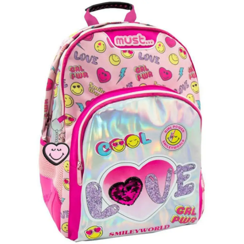 Must... Smiley dreifach unterteilte, abgerundete Schultasche, Rucksack 32x18x43cm Bild 1