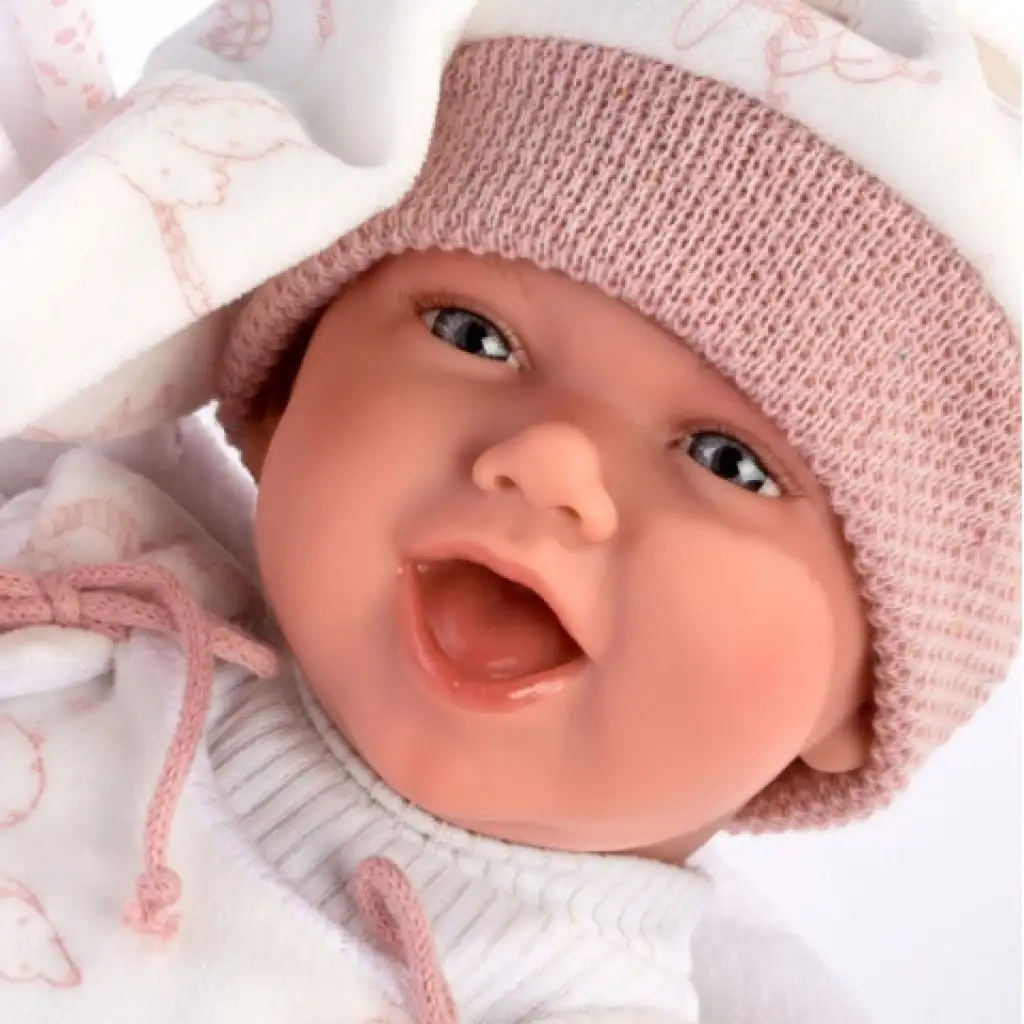 Neugeborenes weinendes Baby mit rosa Schlafmütze 40cm Bild 2