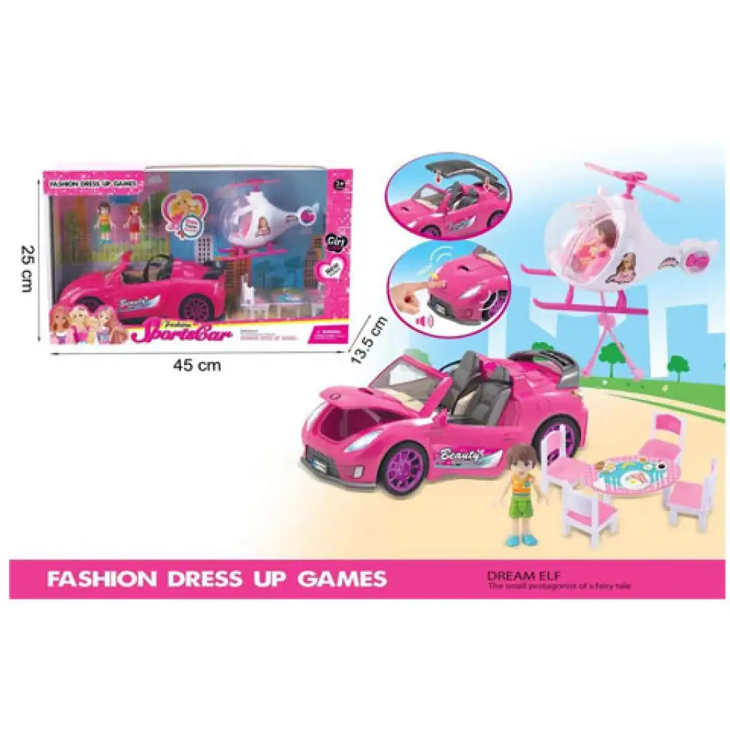 Pink leuchtendes Sportwagen-Set mit Hubschrauber und Zubehör. Bild 2