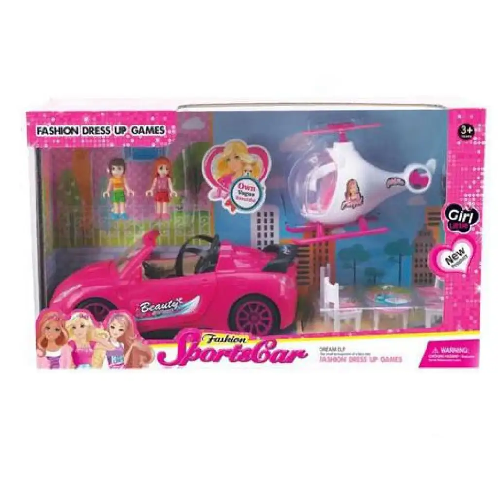 Pink leuchtendes Sportwagen-Set mit Hubschrauber und Zubehör. Bild 1