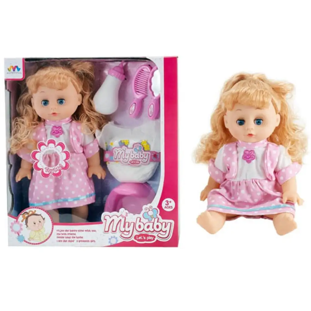 Puppe mit hellbraunen Haaren, die pinkelt, mit Geräuschen, Töpfchen und Zubehör. Bild 1