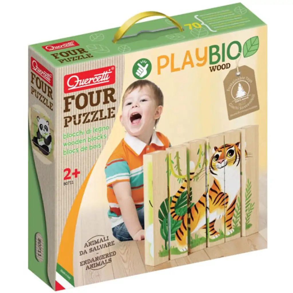 Quercetti: PlayBio Gefährdete Tiere 4-in-1 Holzklotz-Puzzle Bild 1