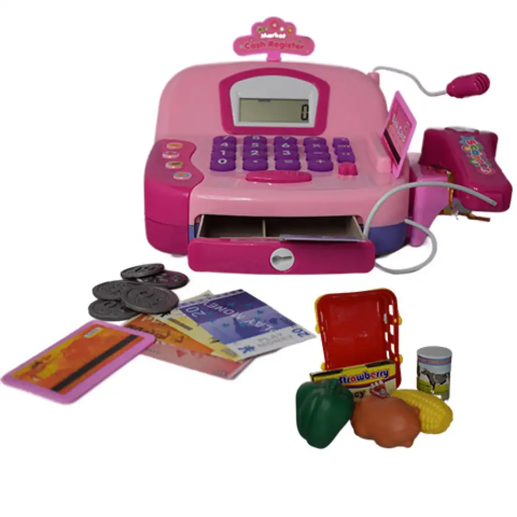 Rosa funktionale elektrische Registrierkasse mit Mikrofon, Spielgeld und Sound Bild 3