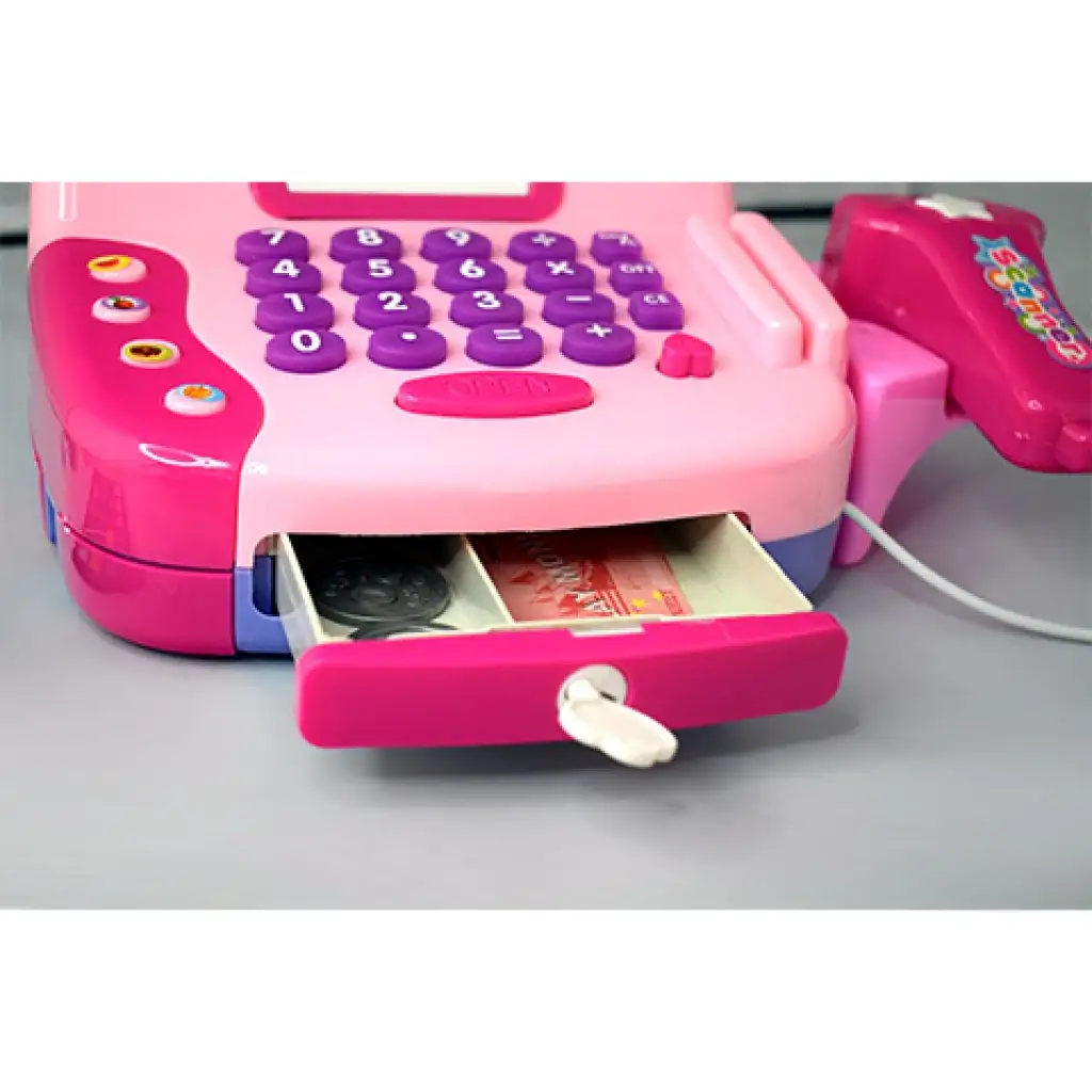 Rosa funktionale elektrische Registrierkasse mit Mikrofon, Spielgeld und Sound Bild 4