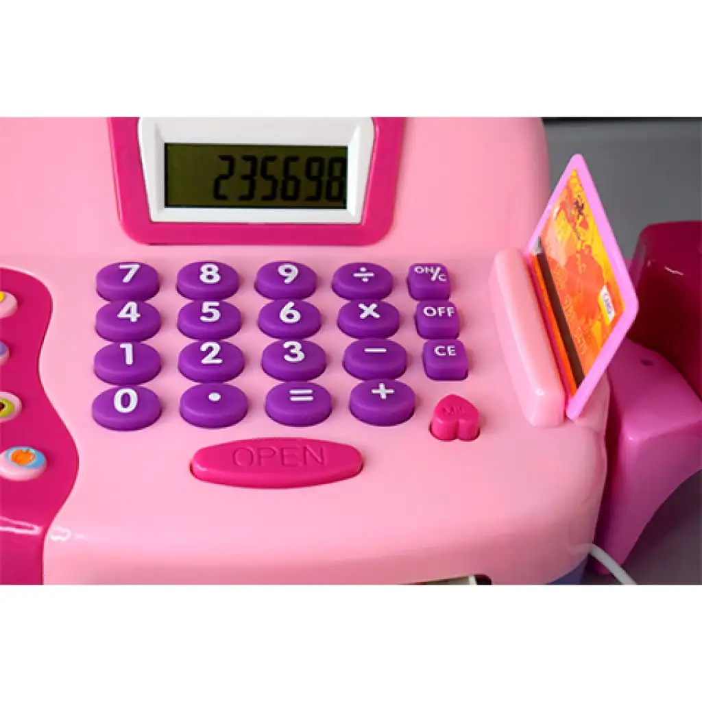 Rosa funktionsfähige elektrische Registrierkasse mit Spielgeld und Ton Bild 3