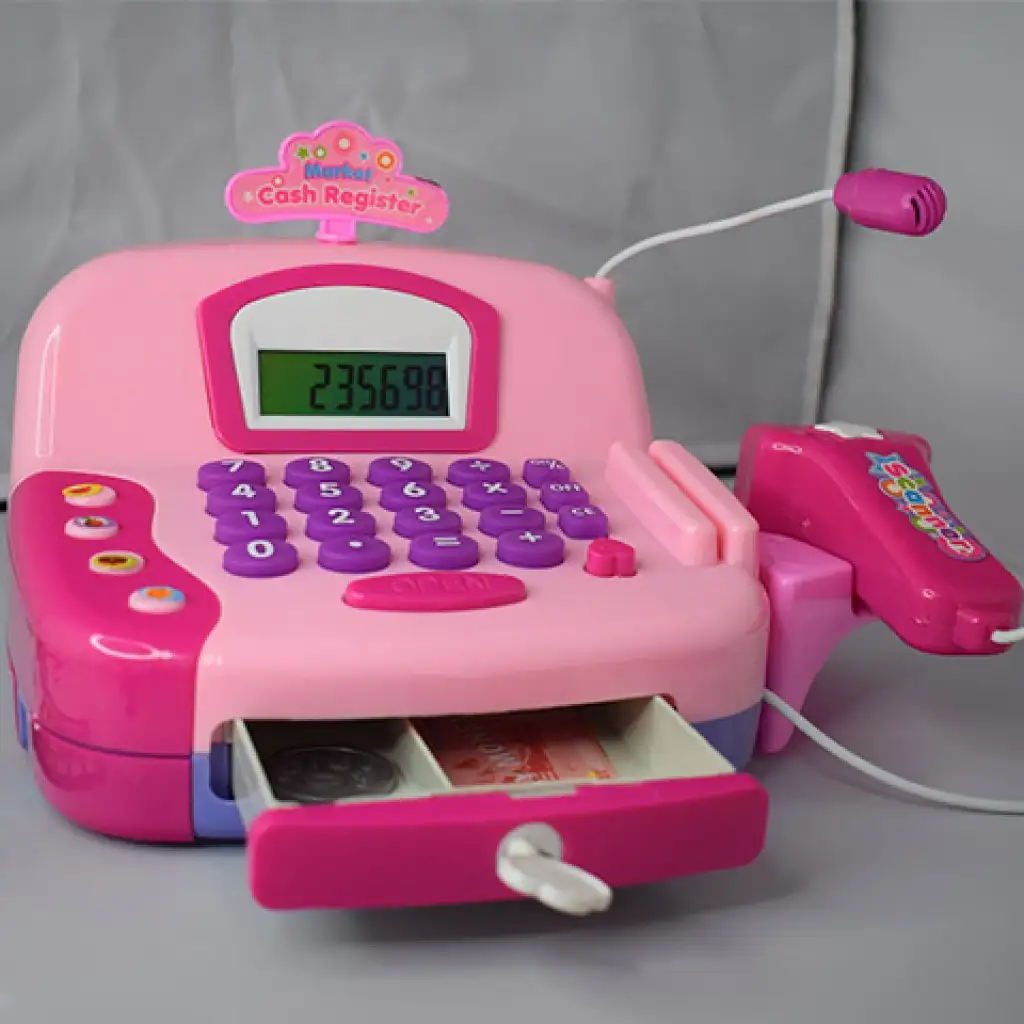 Rosa funktionsfähige elektrische Registrierkasse mit Spielgeld und Ton Bild 4