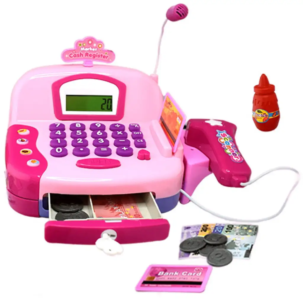 Rosa funktionsfähige elektrische Registrierkasse mit Spielgeld und Ton Bild 1