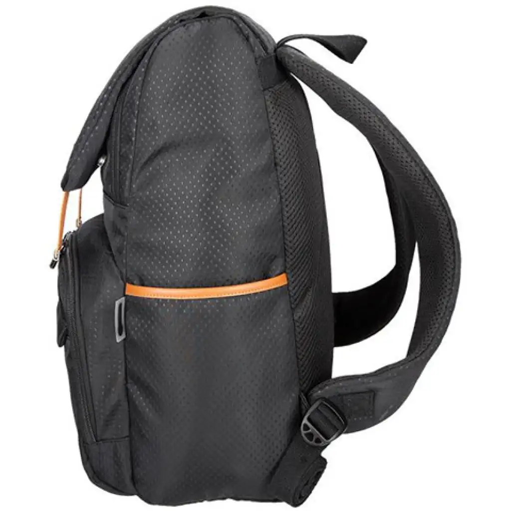 Spirit: Schwarzer gemusterter Rucksack mit lederfarbenen Riemen 47x33x17cm Bild 2