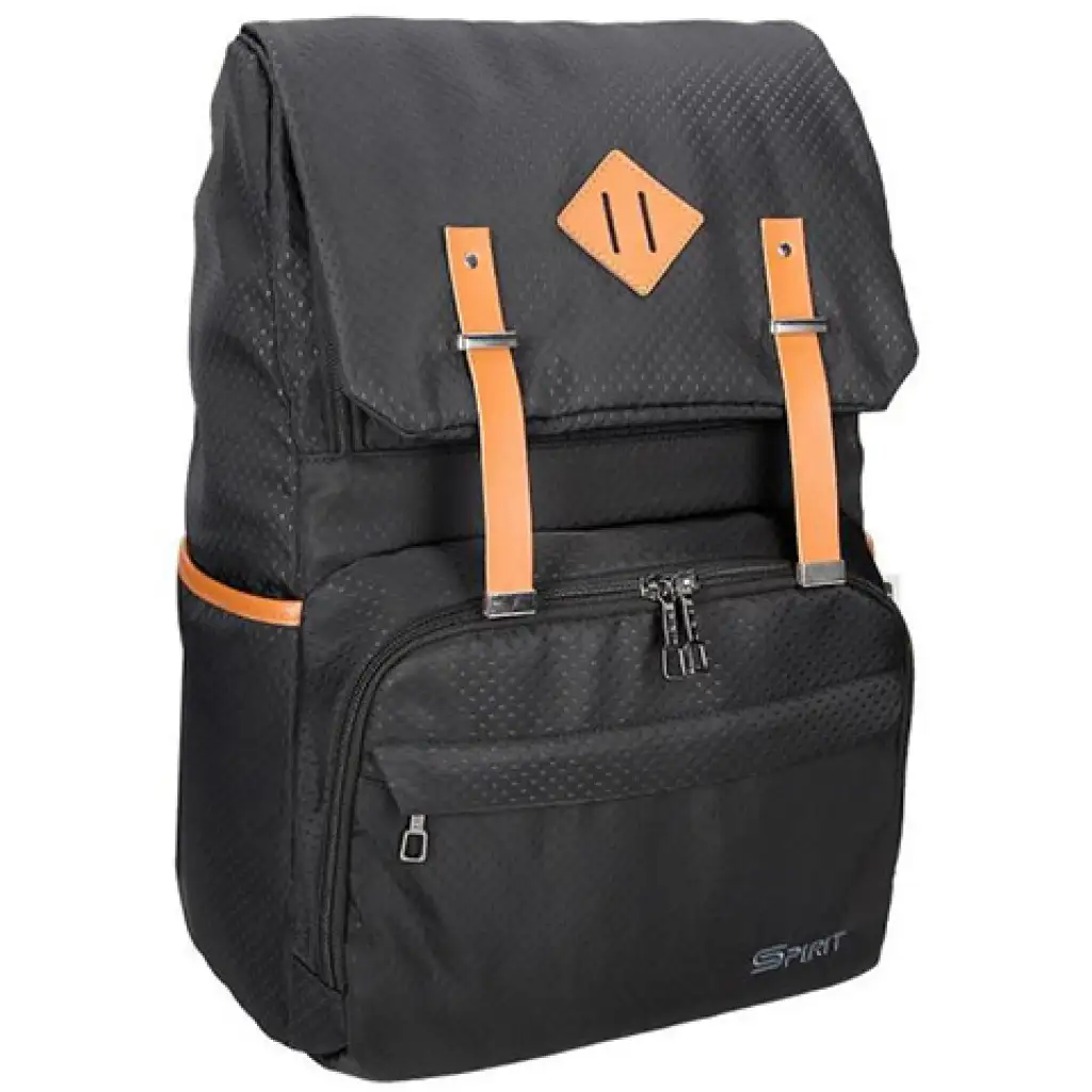 Spirit: Schwarzer gemusterter Rucksack mit lederfarbenen Riemen 47x33x17cm Bild 1