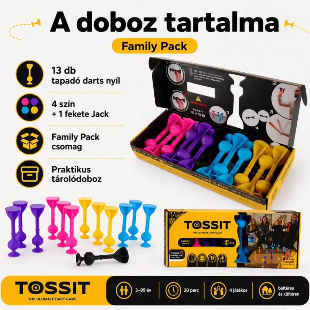 Tossit Familienpack – Pink, Lila, Blau, Gelb mit Haftscheiben Darts Spiel Bild 2