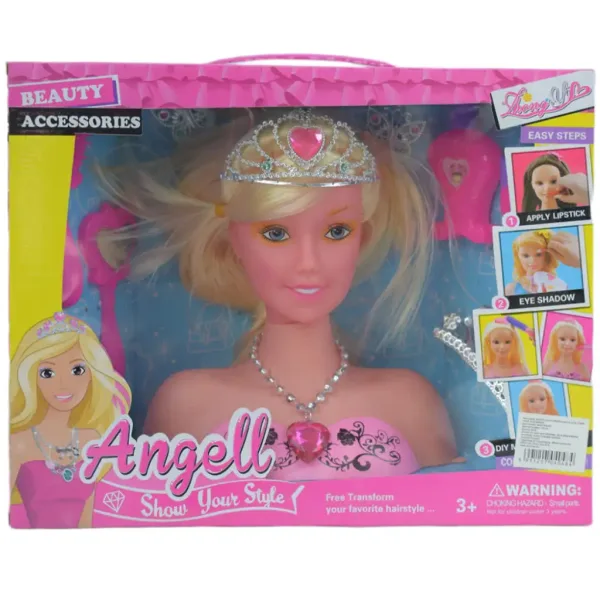 Angell: Frisier- und kämmbarer Puppenkopf mit Tiara und Zubehör, 21 cm Bild 5