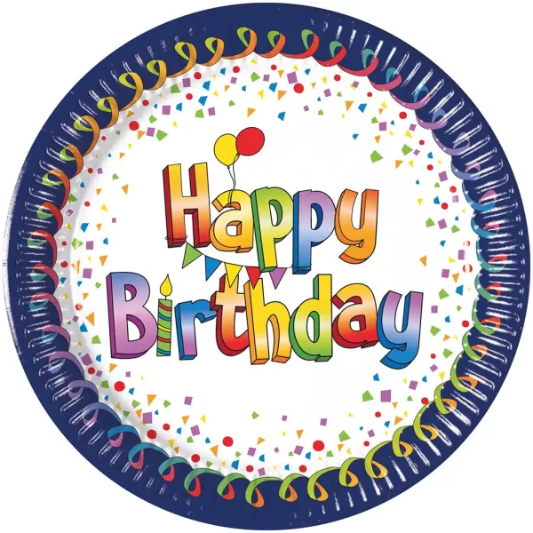 Bunte Geburtstag "Happy Birthday" beschriftete Pappteller 8er-Set 20cm. Bild 1