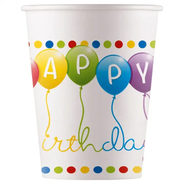 Bunte Luftballon-Geburtstagspappbecher mit "Happy Birthday"-Aufschrift, 200 ml, 8er-Set Bild 1