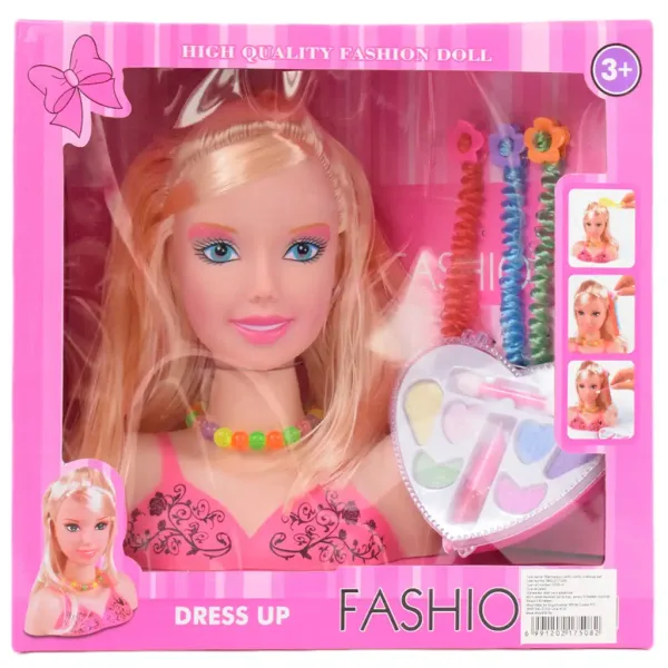 Fashion Girl: Kämmbarer und frisierbarer Puppenkopf mit blonden Haaren, Schminkpalette und Zubehör, 21 cm Bild 8