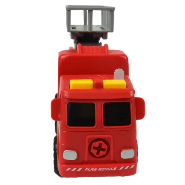 Feuerwehrfahrzeug: Zerlegbares Feuerwehrauto mit Hebekorb, Werkzeugen und Sound, 20 cm Bild 2