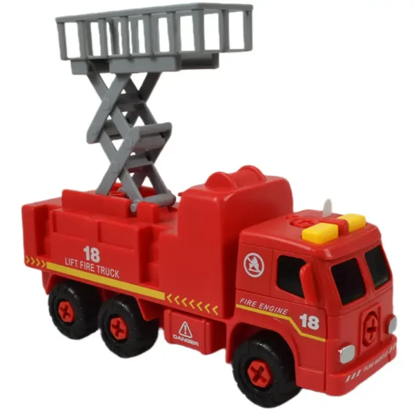 Feuerwehrfahrzeug: Zerlegbares Feuerwehrauto mit Hebekorb, Werkzeugen und Sound, 20 cm Bild 3