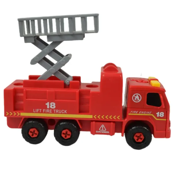 Feuerwehrfahrzeug: Zerlegbares Feuerwehrauto mit Hebekorb, Werkzeugen und Sound, 20 cm Bild 4