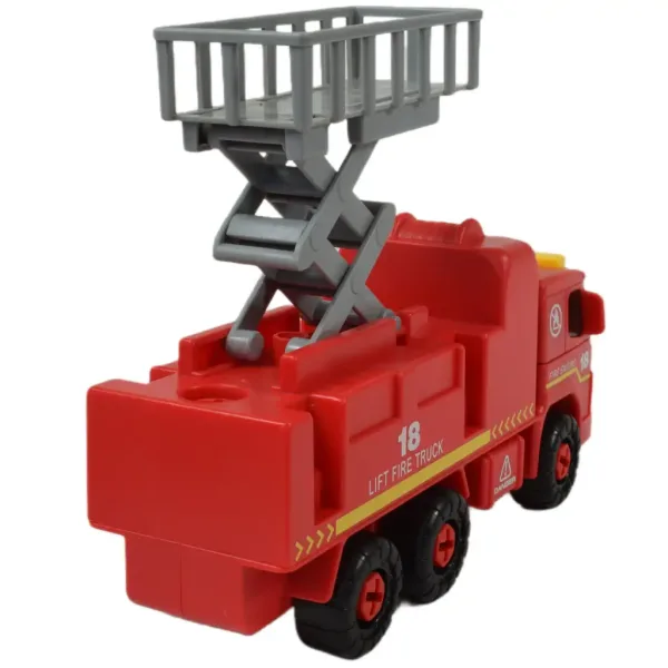 Feuerwehrfahrzeug: Zerlegbares Feuerwehrauto mit Hebekorb, Werkzeugen und Sound, 20 cm Bild 5