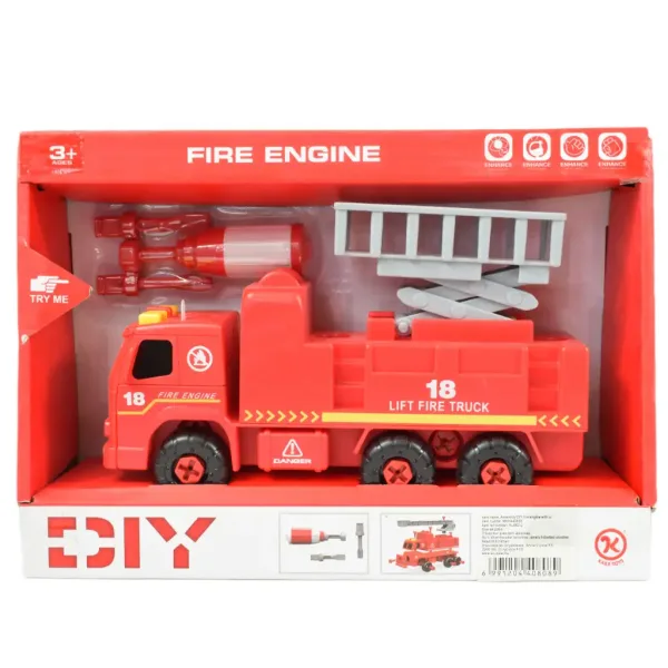 Feuerwehrfahrzeug: Zerlegbares Feuerwehrauto mit Hebekorb, Werkzeugen und Sound, 20 cm Bild 7