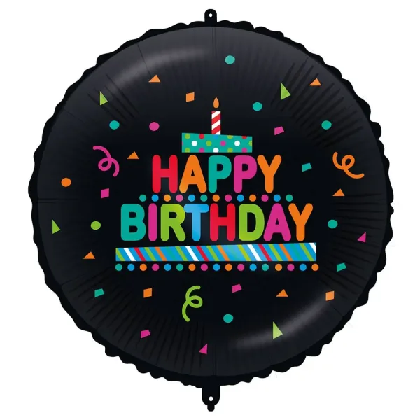 Geburtstags-Folienballon – mit „Happy Birthday“-Aufschrift, torten-konfetti, auf schwarzem Hintergrund, 46 cm Bild 1